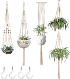 4 Stuks Plantenhangers - Boho Handgeweven Katoen Hangpot Voor Binnen/Buiten - Bloempot Met Kralen - Macramé Touw/Koord Hangplant Houder - Bohemian Wandhanger Decoratie - Verticale Tuin Plant Hanger Bloempothouder Planthanger Wit -Tuinen Speciaal Winkel 1068x1200