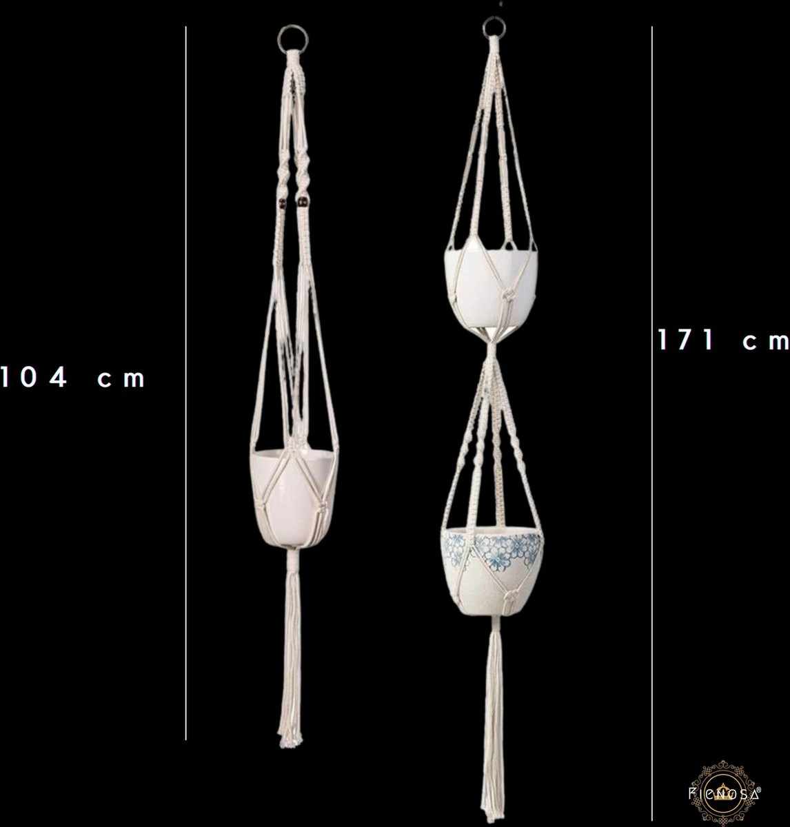 Plantenhanger Macrame Set Van 2 - Plantenhanger Met Ruimte Voor 3 Potten - Luxe Gevlochten Touw 100% Katoen - Duurzaam - Plantenbakken - Bloempotten - Macramé Stijl Hanger Voor Bloempotten - Hangpot - Fienosa 8 Plantenhanger Macrame Set Van 2 - Plantenhanger Met Ruimte Voor 3 Potten - Luxe Gevlochten Touw 100% Katoen - Duurzaam - Plantenbakken - Bloempotten - Macramé Stijl Hanger Voor Bloempotten - Hangpot - Fienosa - Afbeelding 6