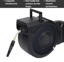 Buxibo - Wandslangenbox 20 Meter + 2 Meter - Tuinslang Met Haspel - 9 Sproei Standen - Slangenhouder 180° Draaibaar - Tuinslanghaspel Zwart+ Gratis Sproeier - Zwart -Tuinen Speciaal Winkel 1200x1161