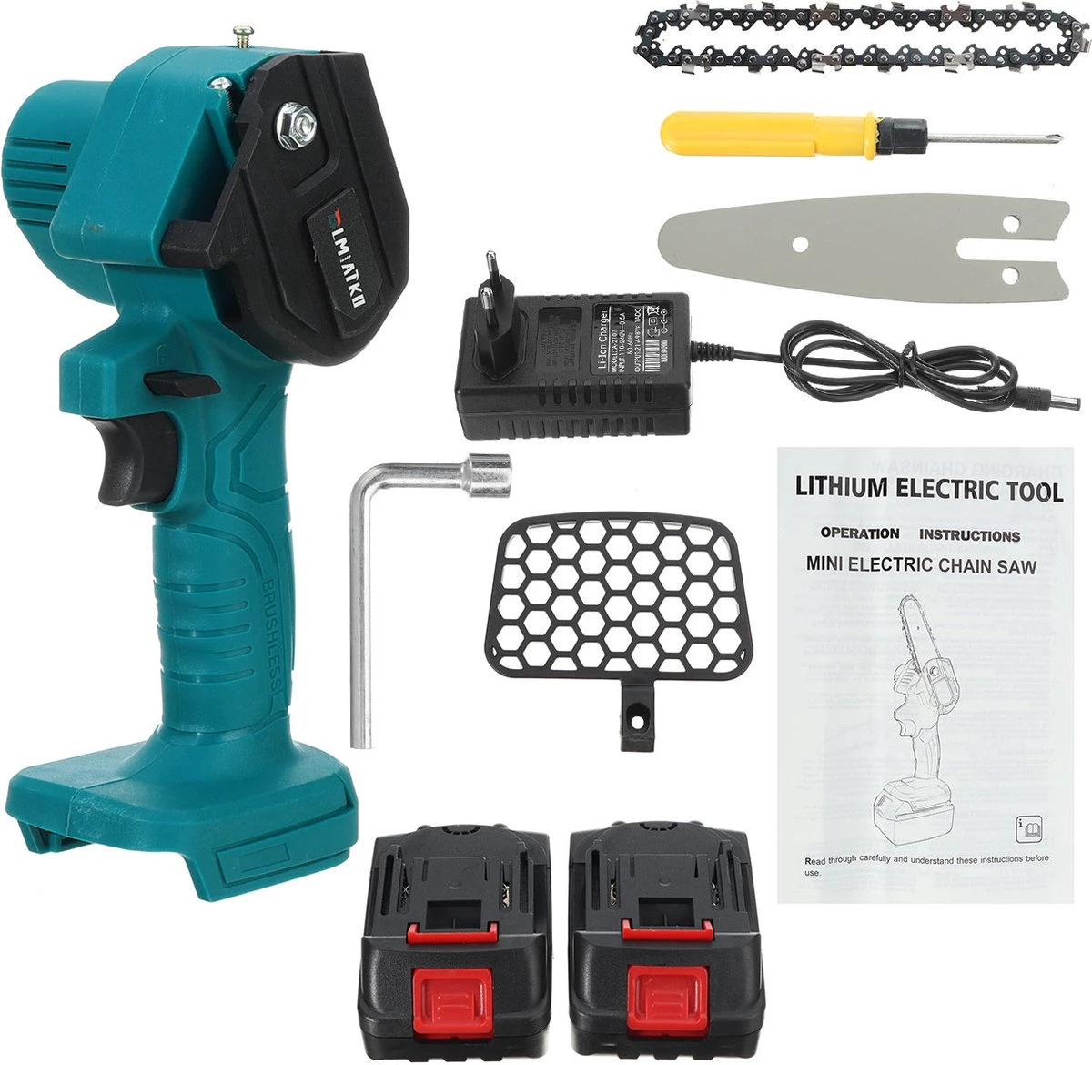 Merkloos Mini Accu Kettingzaag - 4 Inch Elektrische Boomzaag - Handkettingzaag - Met 2 Accu En 1 Oplader - Voor Tuinboom Ranch Bomen Snijden Hout- Blauw 6 Merkloos Mini Accu Kettingzaag - 4 Inch Elektrische Boomzaag - Handkettingzaag - Met 2 Accu En 1 Oplader - Voor Tuinboom Ranch Bomen Snijden Hout- Blauw - Afbeelding 4