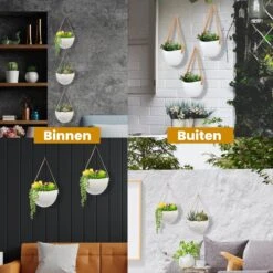 Plantenhanger Keramiek – Set Van 3 – Wit Steen- Hangpot – Hangende Bloempot Plantenpot - 3 Verschillende Koorden - 18 X 11 X 7 Cm -Tuinen Speciaal Winkel 1200x1200 820