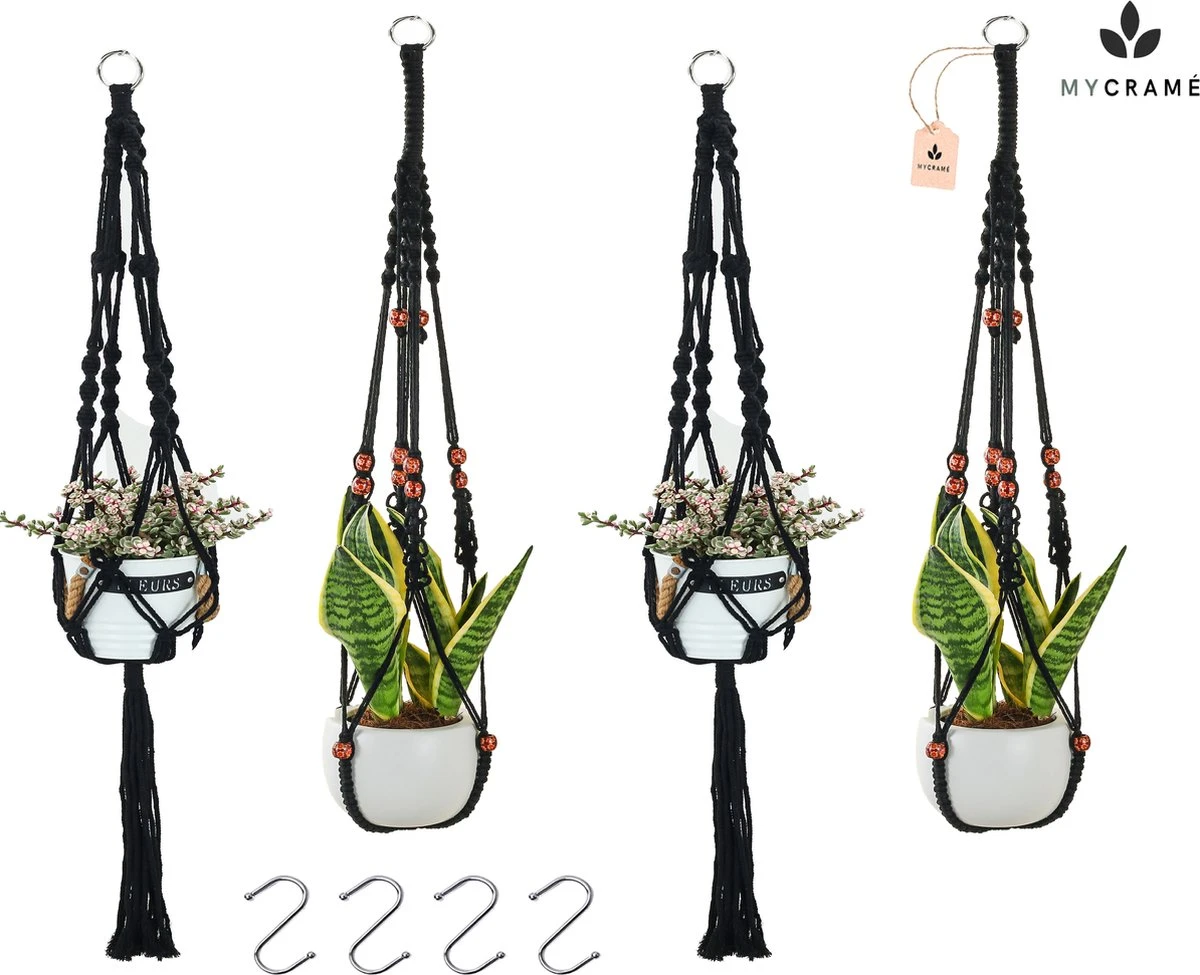 4 Stuks Zwarte Macrame Plantenhangers - Boho Handgeweven Katoen Hangpot Voor Binnen/Buiten - Hangende Bloempot Met Kralen - Macramé Touw/Koord Hangplant Houder - Bohemian Wandhanger Decoratie - Plant Hanger - Verticale Tuin Bloempothouder Planthanger 3 4 Stuks Zwarte Macrame Plantenhangers - Boho Handgeweven Katoen Hangpot Voor Binnen/Buiten - Hangende Bloempot Met Kralen - Macramé Touw/Koord Hangplant Houder - Bohemian Wandhanger Decoratie - Plant Hanger - Verticale Tuin Bloempothouder Planthanger