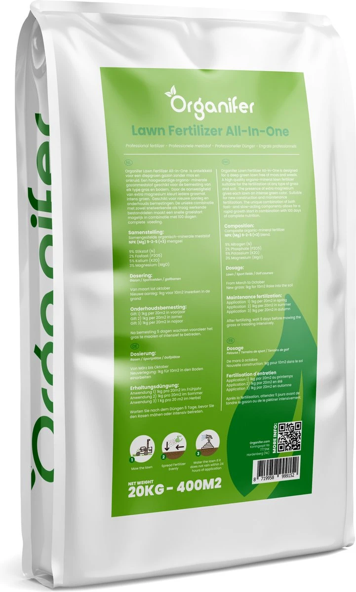 Gazonmest All-In-One (20Kg - Voor 400m2) Voor Een Diepgroen Sterk Gazon Zonder Mos En Onkruid - Complete Meststof Met Kalk En Grasversterker - Organifer 3 Gazonmest All-In-One (20Kg - Voor 400m2) Voor Een Diepgroen Sterk Gazon Zonder Mos En Onkruid - Complete Meststof Met Kalk En Grasversterker - Organifer