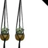 Merkloos Luxe Plantenhangers | Zwart | Set Van 2 Stuks | 100% Katoen | 100% Handgemaakt | Houten Ring | Macramé | Plantenpot Ophangen | Binnen & Buiten | Planten | TheOldOmen |